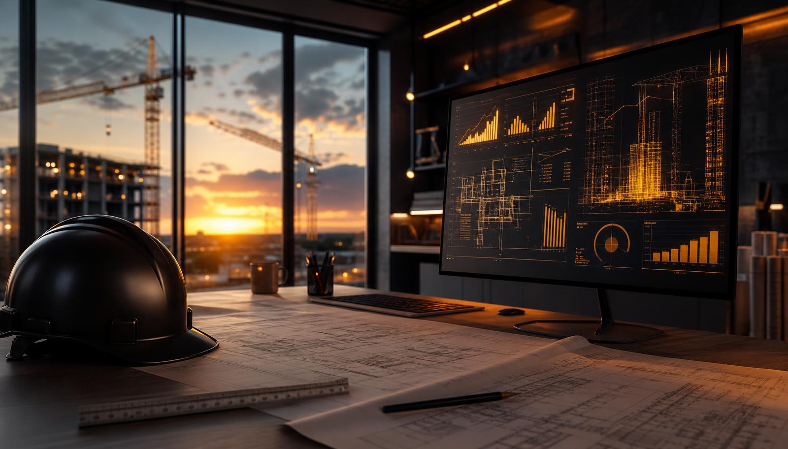 Estimator's desk at dusk with blueprints, hard hat and a monitor showing an AI construction cost dashboard