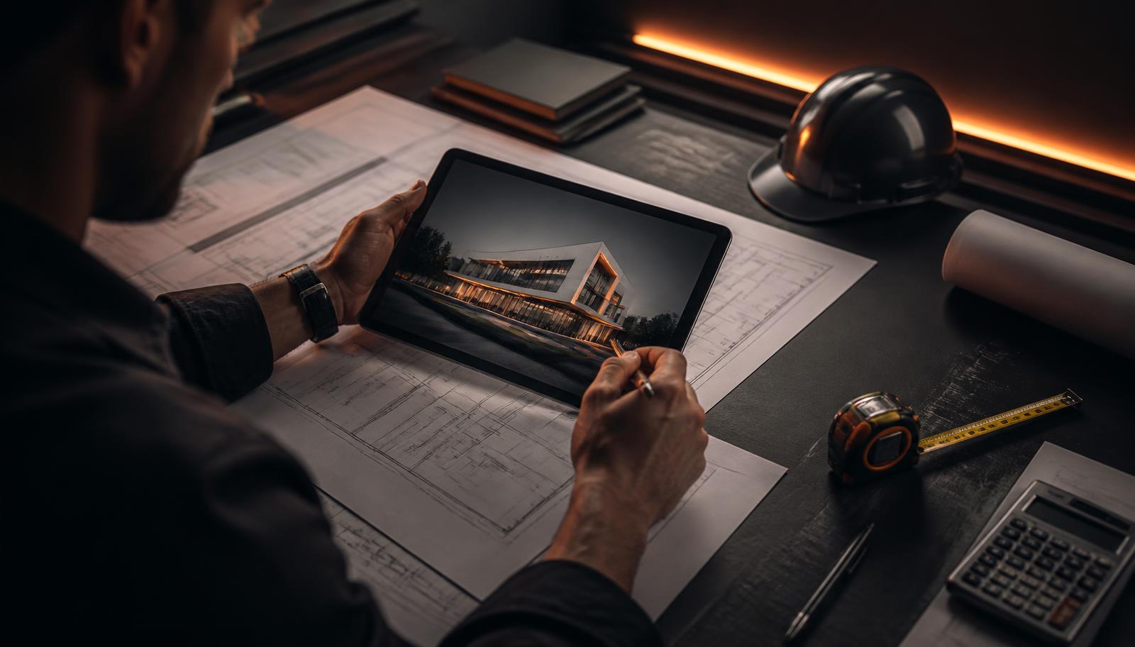 Estimator reviewing blueprints and a tablet showing a project rendering on a dark desk