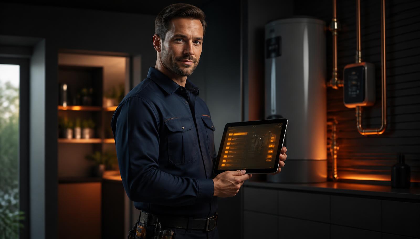Plumber in a modern utility room reviewing an AI-generated schedule and estimate on a tablet