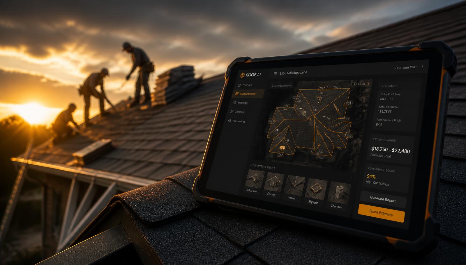 Roofing crew installing architectural shingles at golden hour with a rugged tablet on the ridge showing an AI roof measurement and estimate dashboard