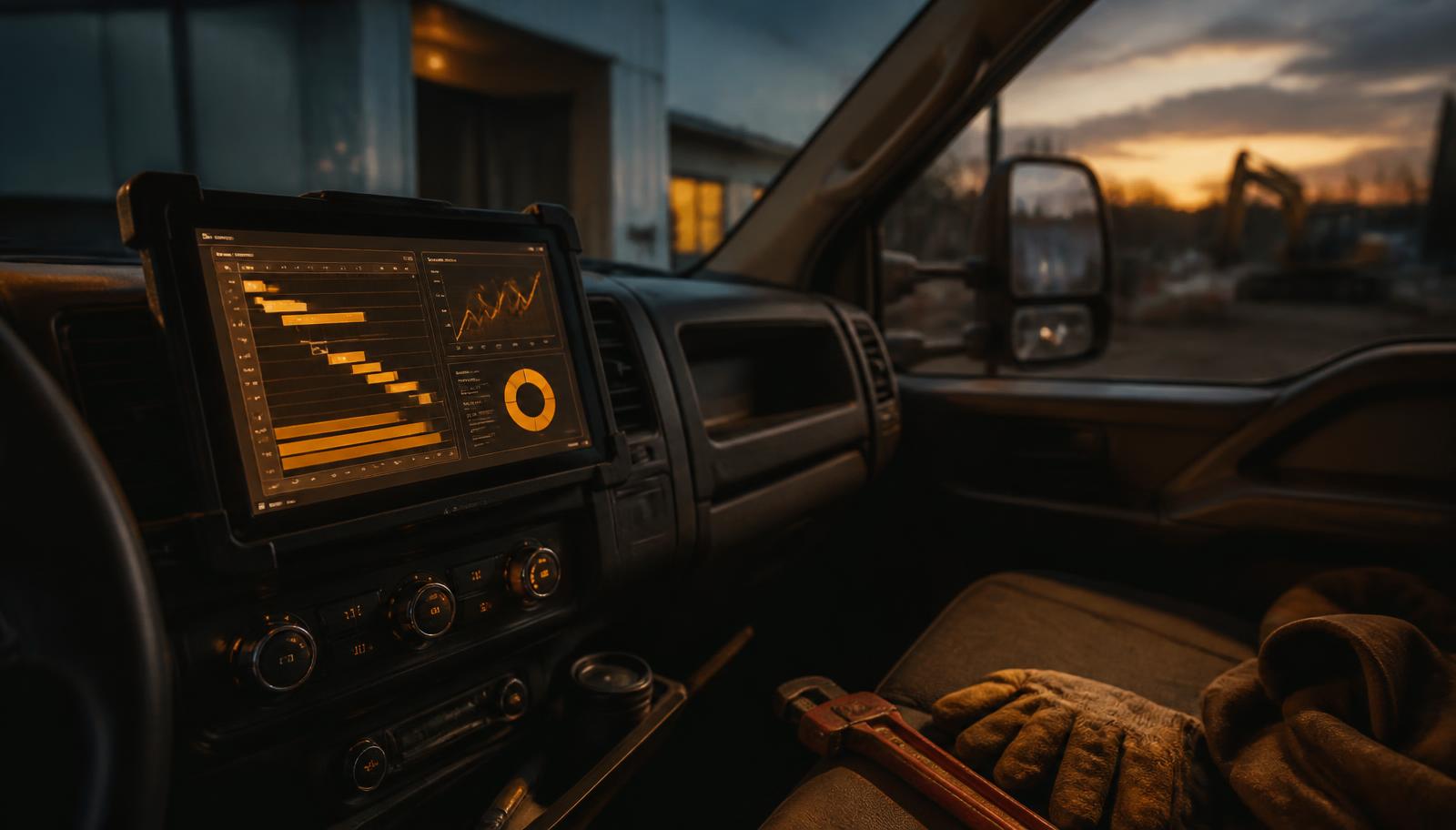 Dusk view inside a contractor's truck cab with a dash-mounted tablet showing an amber job schedule and margin dashboard beside work gloves and a pipe wrench