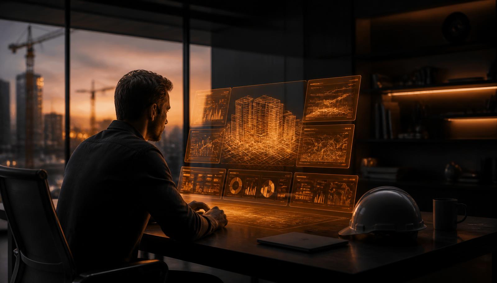 Contractor reviewing glowing operations dashboards in a dark office at dusk with cranes outside
