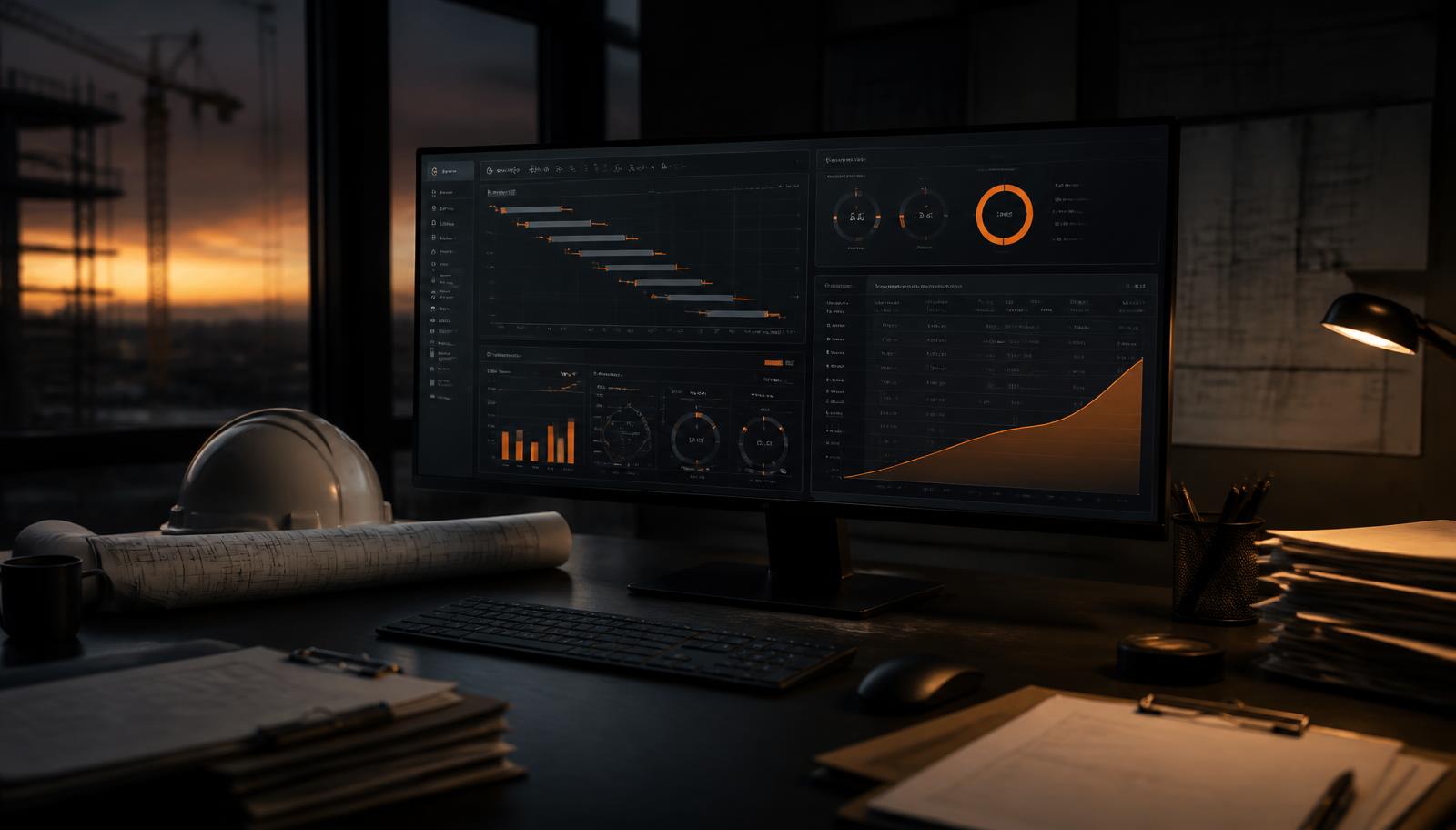 Contractor office desk at dusk with a single wide monitor showing a unified schedule, invoicing and job-margin dashboard beside a hard hat and blueprints