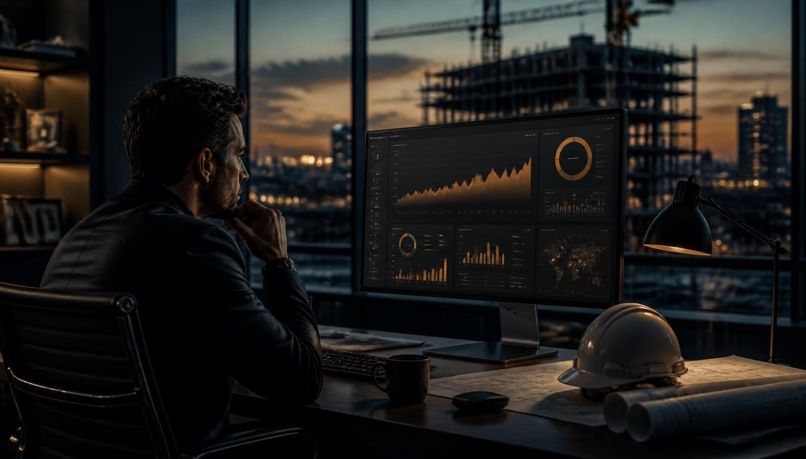 Construction company owner reviewing a dark analytics dashboard at dusk with a hard hat and blueprints on the desk and a jobsite visible through the window