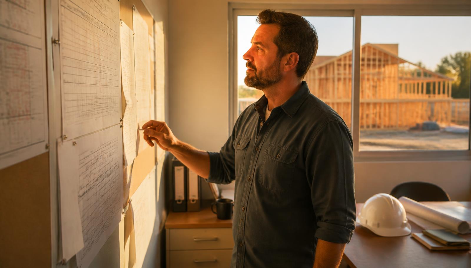 Construction company owner reviewing printed job schedules in a site office trailer at golden hour with a framed building outside
