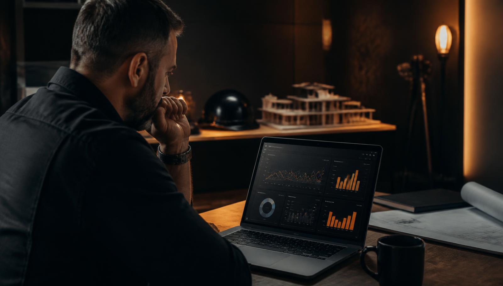 Contractor studying cash flow charts on a laptop in a warmly lit office