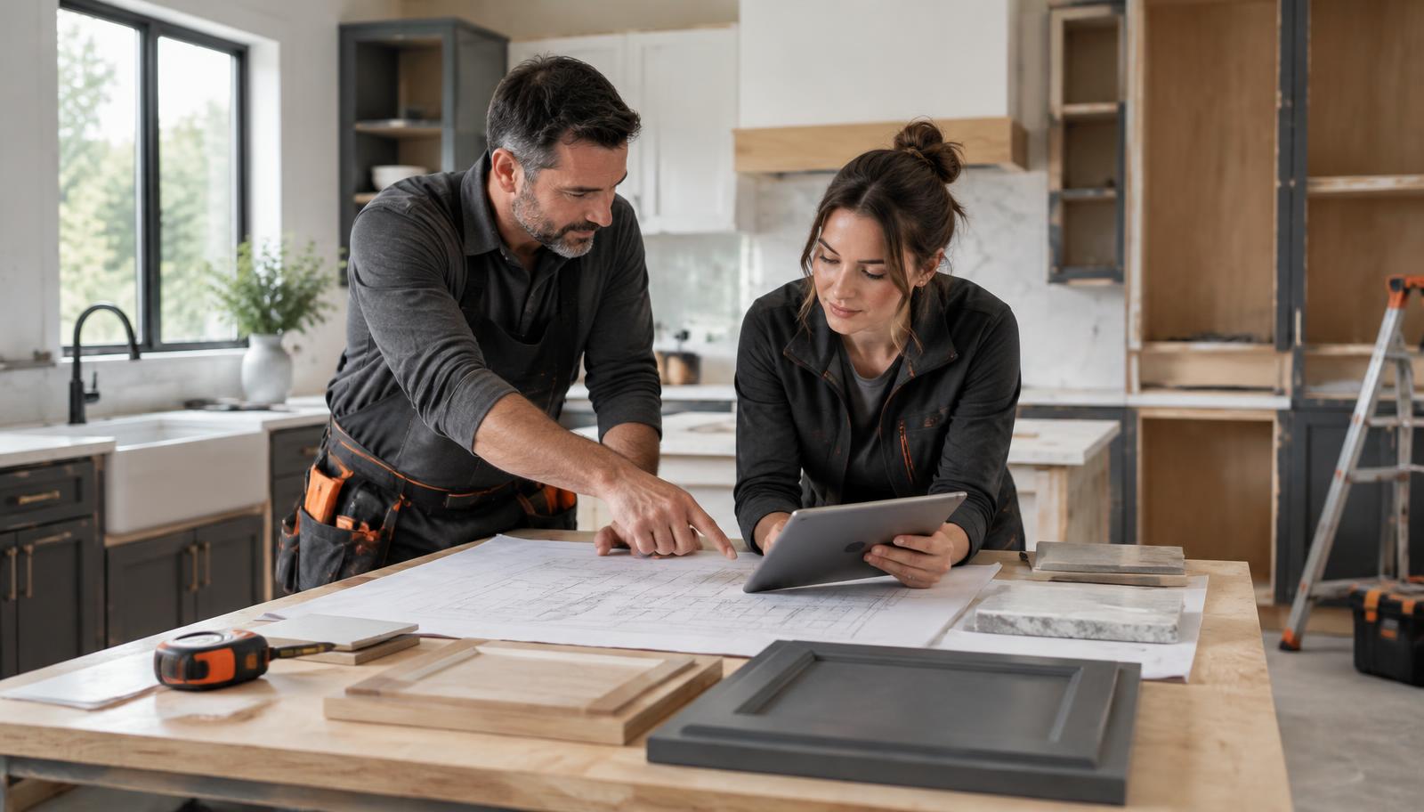Contractor and project manager reviewing a kitchen remodel change order on a tablet beside plans and cabinet material samples
