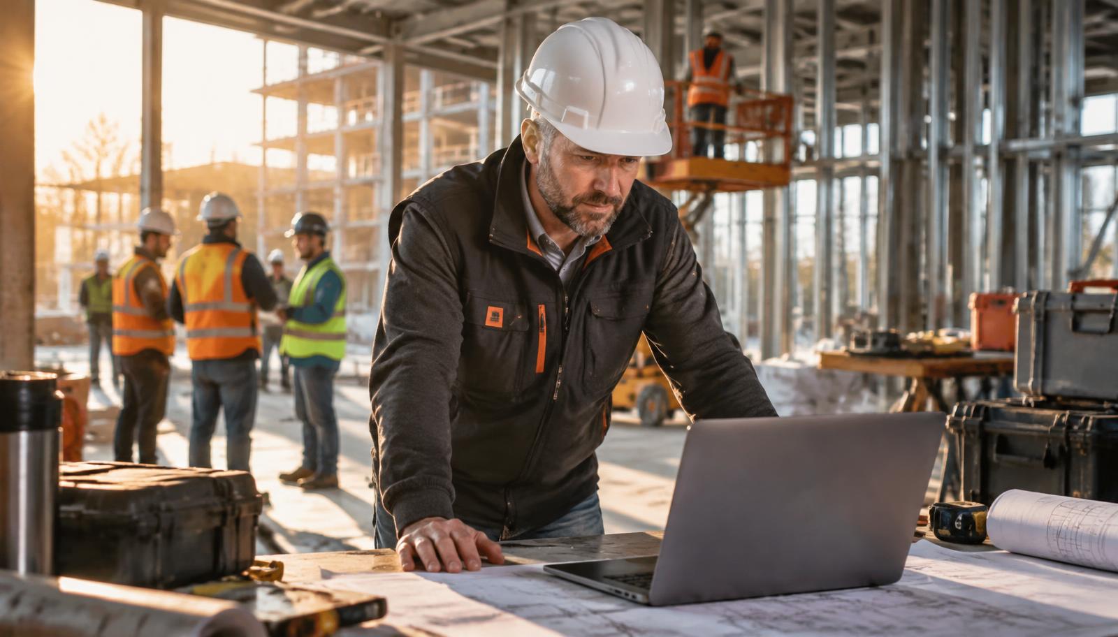 Construction company owner using ContractorPro AI on a laptop while crews coordinate inside an active commercial jobsite