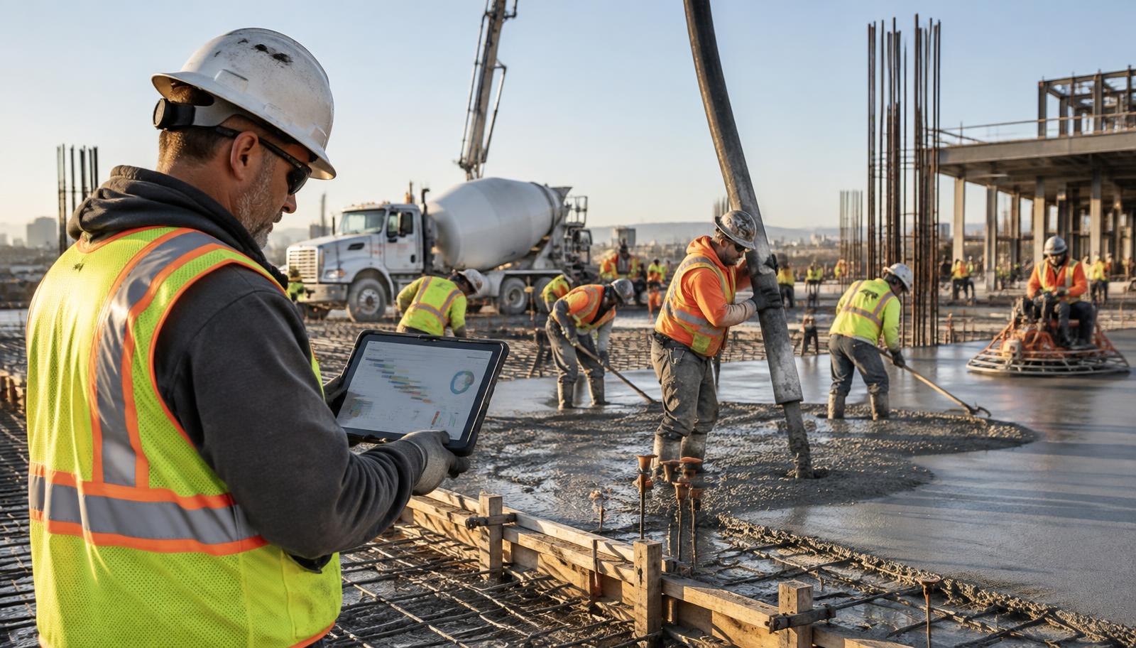 Concrete foreman using ContractorPro AI on a tablet while a commercial crew places and finishes a reinforced concrete slab
