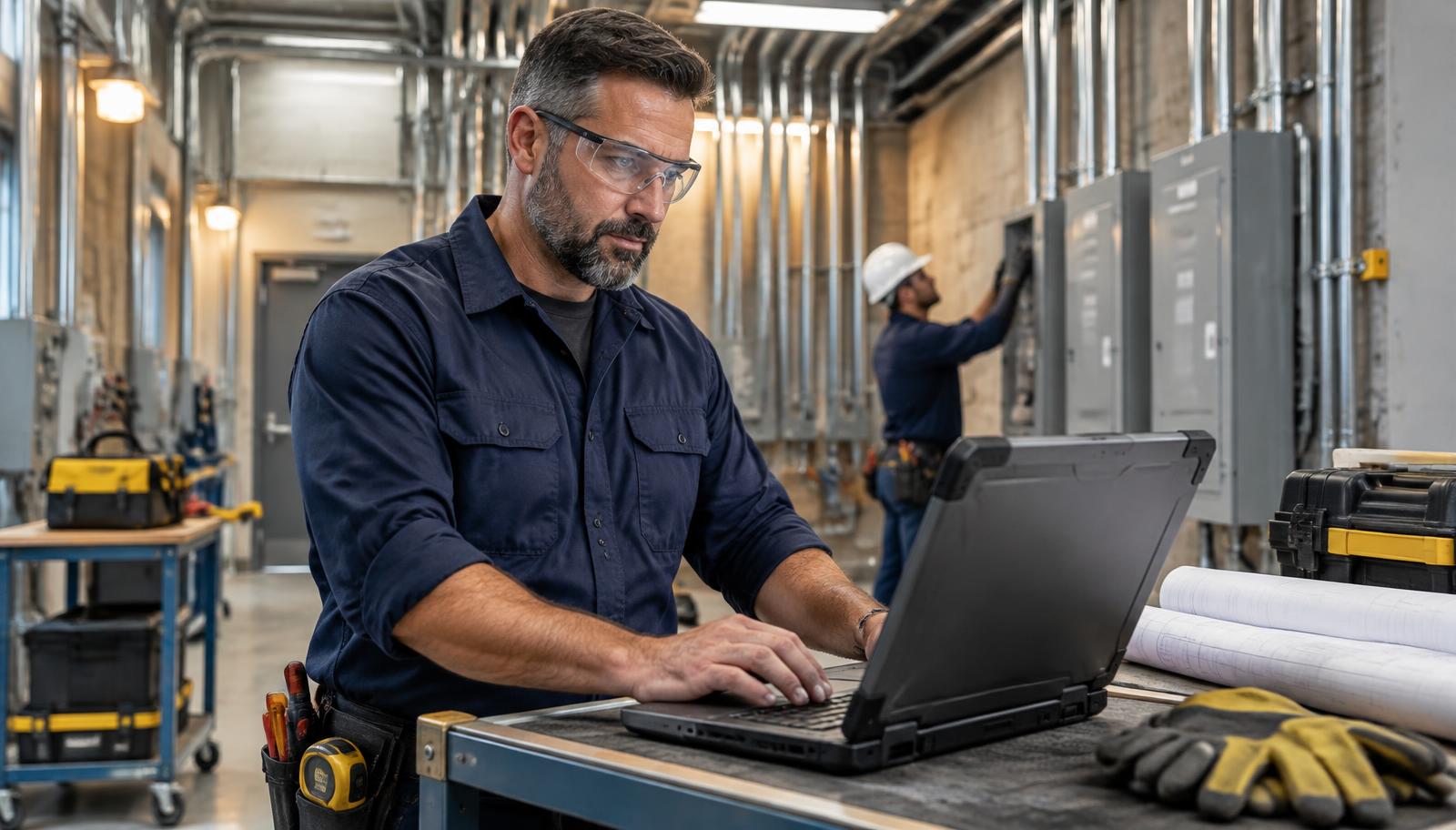 Electrical contractor using ContractorPro AI on a rugged laptop in a modern commercial electrical room