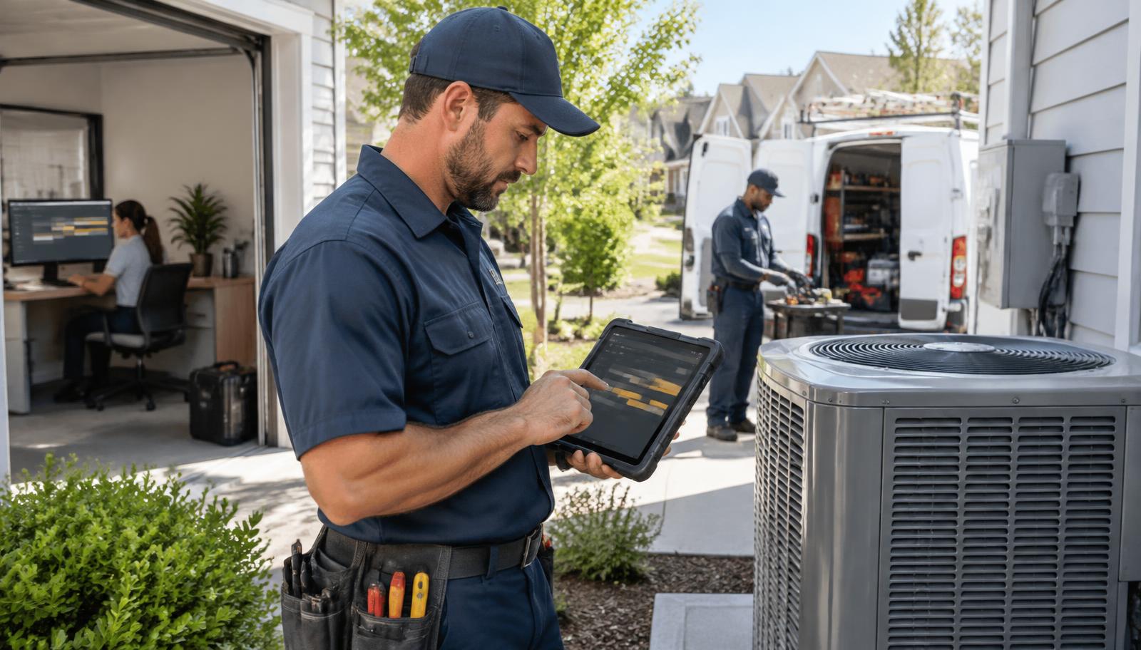 HVAC service technician using ContractorPro AI on a tablet beside a heat pump while a dispatcher and second technician coordinate the job