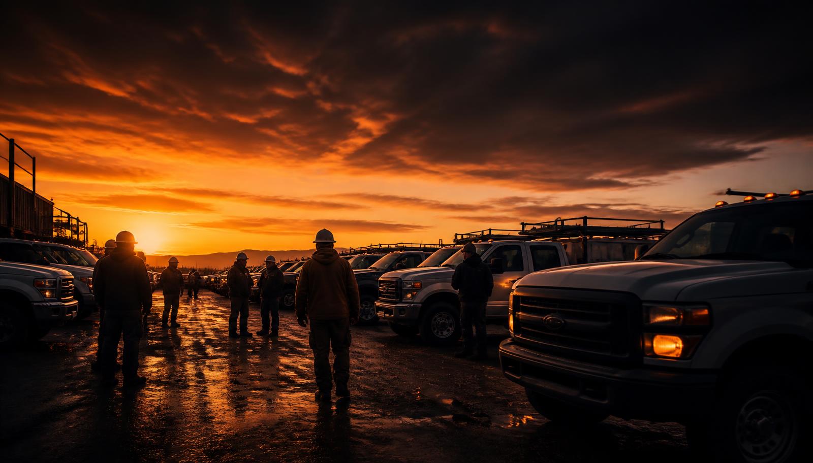 Crews gathering around work trucks at a staging yard during an orange sunrise