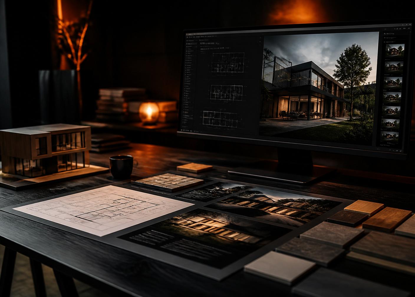 Design studio desk with renderings, blueprints and material samples