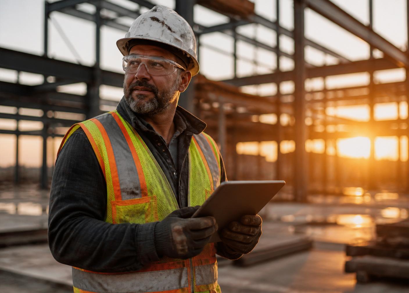 Foreman updating job progress from a tablet on an active construction site