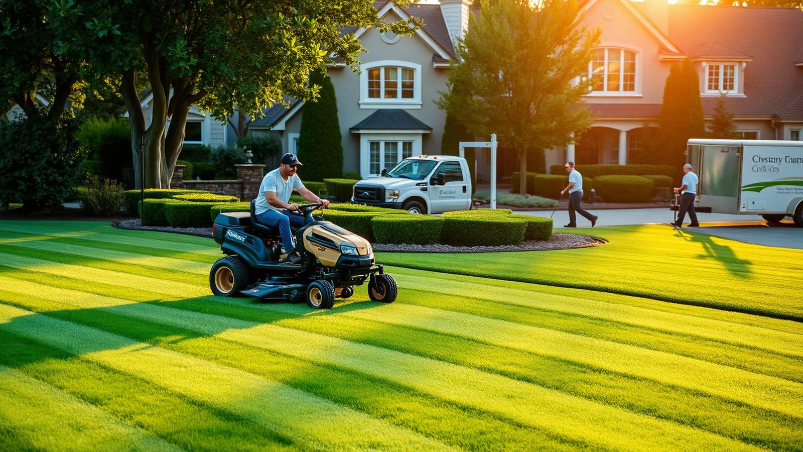 Landscaping crew mowing a striped lawn at golden hour with a branded truck and trailer parked at an upscale suburban home