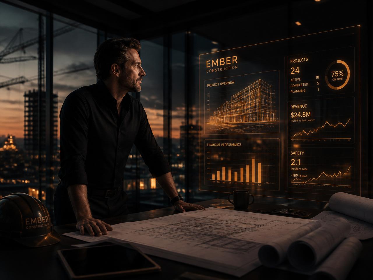 Contracting company owner reviewing an AI-generated performance dashboard at dusk
