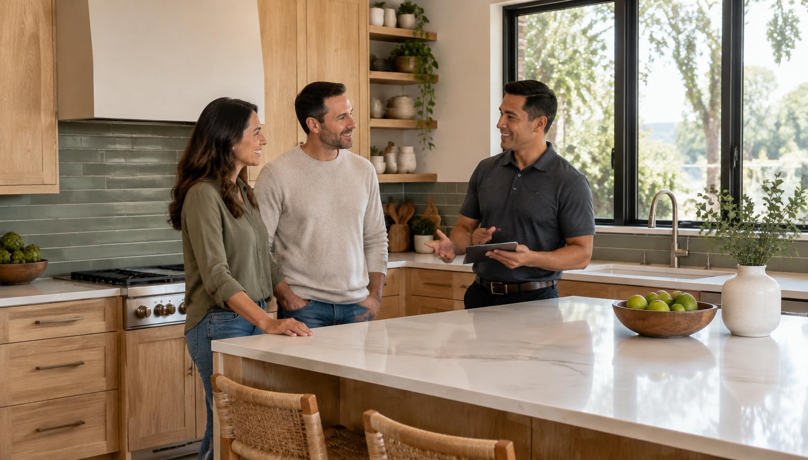 Remodeling contractor discussing a completed oak-and-stone kitchen renovation with two homeowners